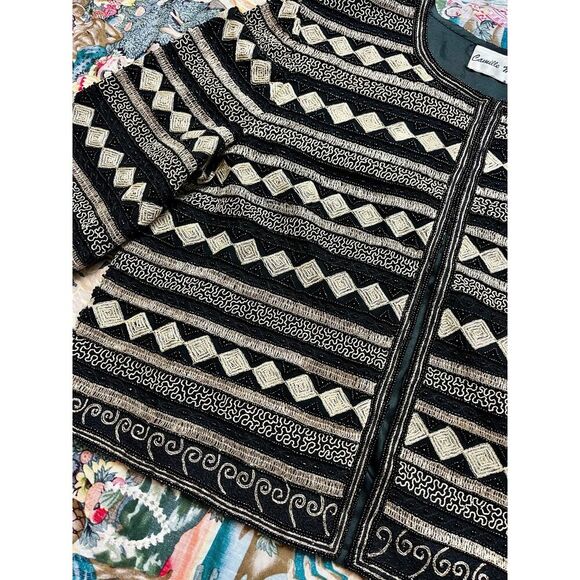 Vintage 1980s Black Gold Beaded Harlequin Deco Pattern Sz M Cardigan Jacket - Picture 6 of 6